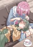  2girls :&lt; absurdres blue_shirt blush buttons closed_eyes closed_mouth commentary couch cup diamond_button eyedrops facing_another feet_out_of_frame frilled_shirt_collar frilled_sleeves frills frown green_hair green_skirt hair_between_eyes hand_up heart_button highres indoors komeiji_koishi komeiji_satori lap_pillow long_sleeves lying multiple_girls no_headwear on_back on_couch own_hands_together pink_hair saimu_taju shirt short_hair siblings sisters sitting skirt sweatdrop teacup touhou v-shaped_eyebrows wide_sleeves yellow_shirt 
