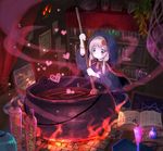  book brown_eyes brown_hair candle cauldron cloak hair_ornament heart kouka_(mrakano5456) looking_away medium_hair open_book original painting_(object) solo stirring stirring_rod 