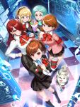  5girls aegis_(persona) android animal armband blonde_hair blue_hair bow bowtie bubble_tea burnt_green_tea checkered_floor clothed_animal coffee_cup cup disposable_cup dog hair_over_one_eye hallway highres kirijou_mitsuru koromaru_(persona) long_skirt looking_at_viewer miniskirt multiple_girls parfait persona persona_3 persona_3_portable pleated_skirt ponytail red_bow red_bowtie red_hair school_uniform shiomi_kotone short_hair skirt smile takeba_yukari tarot tarot_(card) wavy_hair yamagishi_fuuka yasogami_school_uniform 