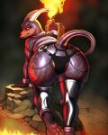 absurd_res all_fours anthro black_body butt clothed clothing diacordst female generation_2_pokemon hi_res horn houndoom leg_warmers legwear looking_at_viewer looking_back looking_back_at_viewer nintendo pawpads paws pokemon pokemon_(species) red_eyes solo
