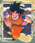  1boy absurdres black_eyes black_hair blue_sash blue_undershirt blue_wristband clenched_hand closed_mouth cloud collarbone copyright_name dougi dragon_ball dragon_ball_z film_grain floating_clothes flying flying_nimbus full_body highres holding holding_polearm holding_weapon inset_border male_focus martial_arts_belt mountain muscular muscular_male orange_pants pants polearm purple_sky ruyi_jingu_bang sash short_hair short_sleeves sky smile solo son_goku spiked_hair sunset thirdphp v-shaped_eyebrows weapon wide-eyed wristband 