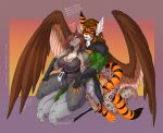 anthro avian big_breasts breasts chest_tuft curvy_figure duo embrace entwined_tails european_mythology eye_scar facial_scar fantasy_clothing felid feline female female/female greek_mythology harpy hi_res hug hugging_from_behind hybrid kneeling lynx mammal maolin_(gamal) mask muscular muscular_anthro muscular_female mythological_avian mythology pantherine scar snow_leopard speech_bubble spread_wings tail tail_coil tiger tuft wings wmdiscovery93 yvsolda_(gamal)