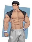  1boy abs bara bare_pectorals biceps black_hair black_shirt blush brown_eyes clenched_hand earrings grey_pants groin highres jewelry looking_to_the_side male_focus muscular muscular_male nipples original pants pectorals rio_mukiniki shirt short_hair simple_background sweat sweatpants thick_eyebrows wristband 