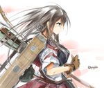  akagi_(kantai_collection) arrow blood bow_(weapon) brown_eyes brown_gloves brown_hair closed_mouth commentary_request edogawa_nao flight_deck from_side gloves injury japanese_clothes kantai_collection long_hair muneate profile quiver sketch solo tasuki twitter_username weapon 