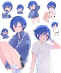  &gt;_&lt; 1boy black_shorts blue_eyes blue_hair blue_jacket blush cat chibi closed_eyes closed_mouth jacket kaito_(vocaloid) mogu_(wy5xrt7w) open_mouth shirt shoes short_hair short_sleeves shorts smile sneakers vocaloid white_footwear white_shirt 