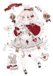  1girl animal_ears braid crown dress english_text fake_animal_ears full_body grey_eyes half_updo heart holding holding_staff lolita_fashion meowlian original rabbit_ears staff teapot white_background white_hair 