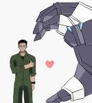  2boys ao_isami black_hair bravern closed_mouth half-heart_hands heart heart_hands_failure looking_at_viewer multiple_boys out_of_frame pilot_suit simple_background size_difference smdq_1114s standing thumbs_up watch white_background wristwatch yuuki_bakuhatsu_bang_bravern 