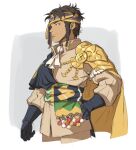  armor black_gloves brown_hair cape claude_von_riegan earrings facial_hair fire_emblem fire_emblem:_three_houses gloves green_eyes headband highres jewelry looking_to_the_side maiqo male_focus shoulder_armor simple_background single_earring sketch solo solo_focus yellow_cape 