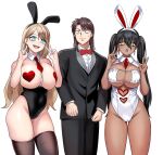  1boy 2girls absurdres animal_ears between_breasts bikini bikini_top_only black_hair black_jacket black_pants blazer blonde_hair blue_eyes bow bowtie breasts brown_hair brown_thighhighs character_request cleavage_cutout clothing_cutout collared_shirt covered_navel dark-skinned_female dark_skin detached_collar double_v eyepatch_bikini fake_animal_ears heart_cutout heart_pasties highres ichijou_seiya jacket kaiji large_breasts leotard long_hair long_sleeves multiple_girls necktie necktie_between_breasts pants pasties playboy_bunny rabbit_ears red_bow red_bowtie red_necktie shirt strapless strapless_leotard swimsuit teeth thighhighs twintails upper_teeth_only v white_bikini white_eyes white_leotard white_shirt wide-eyed yellow_eyes yologyeolseogchung-gyeogpaswaeseogsul 