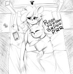  2017 annoyed anthro bed cat cellphone clothed clothing cuddling duo feline female femlae lying male mammal monochrome mouse phone purring replica_(artist) rodent romantic_couple sleeping 