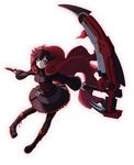  1girl boots breasts cape corset dress gothic_lolita long_sleeves rose_petals ruby_rose rwby scythe short_hair silver_eyes solo thighhighs weapon 
