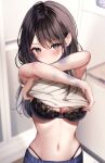  1girl black_bra black_eyes blurry blurry_background blush bra breasts commentary_request highres indoors long_hair looking_at_viewer medium_breasts navel original shirt solo stomach underass underwear white_shirt yugirlpict 