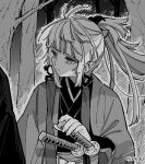  1girl absurdres earrings fate/grand_order fate/samurai_remnant fate_(series) greyscale hakama haori high_ponytail highres japanese_clothes jewelry katana kimono kishimen_hair monochrome sakake_asobi sheath sheathed solo_focus sword tassel tassel_earrings tree weapon white_hakama yui_shousetsu_(fate) 