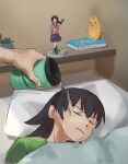  2girls absurdres azumanga_daioh bed blanket cup figure highres liamickpie mihama_chiyo&#039;s_father monogatari_(series) multiple_girls on_bed pillow plant potted_plant sleeping solo_focus takino_tomo water 