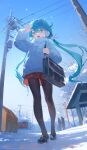  1girl :d absurdres arm_up bare_tree bench black_footwear black_pantyhose blue_eyes blue_hair blue_sky coat day earmuffs from_below full_body hair_ornament hatsune_miku highres long_hair long_sleeves mary_janes miniskirt open_mouth outdoors pantyhose pleated_skirt rabbit_hair_ornament red_skirt ruochongsang scarf shoes silhouette skirt sky smile snow solo solo_focus standing tree twintails utility_pole very_long_hair vocaloid white_coat white_scarf winter 
