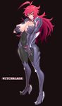  ahoge amaha_masane black_background black_sclera bodysuit breasts cameltoe high_heels highres huge_ahoge large_breasts long_hair looking_at_viewer mikoyan navel nipples puffy_nipples red_hair simple_background solo witchblade yellow_eyes 