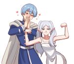  1boy 1girl bare_arms bare_shoulders blue_hair blush caminukai cloak closed_eyes closed_mouth dress earrings elf english_commentary flexing frieren green_eyes grey_cloak grey_hair hair_over_shoulder hand_to_own_mouth hands_up happy heart height_difference hetero himmel_(sousou_no_frieren) hood hood_down hooded_cloak jewelry leaning_to_the_side long_hair long_sleeves looking_at_viewer meme mole mole_under_eye muscular_bride_(meme) photo-referenced pointy_ears short_hair simple_background sleeveless sleeveless_dress smug sousou_no_frieren sundress twintails twitter_username white_background white_dress 