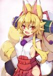  1girl :d animal_ears blonde_hair breasts commentary_request detached_sleeves fox_ears fox_girl fox_tail hakama highres izuna_(shinrabanshou) japanese_clothes kitsune long_hair looking_at_viewer medium_breasts multiple_tails open_mouth pink_background red_hakama saru_000 shinrabanshou smile solo tail thick_eyebrows white_sleeves 