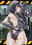  1girl absurdres ai_shou ass black_hair breasts commission detached_sleeves girls&#039;_frontline gun hand_on_own_hip head-mounted_display highres holding holding_gun holding_weapon leotard looking_back medium_breasts multicolored_hair purple_eyes purple_hair purple_leotard ripper_(girls&#039;_frontline) sangvis_ferri second-party_source solo streaked_hair thighhighs weapon 