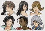  3boys 3girls artist_name black_gloves black_hair black_jacket blue_shirt brown_eyes brown_hair closed_eyes collared_shirt curly_hair dangle_earrings dark-skinned_male dark_skin earrings eyepatch final_fantasy final_fantasy_viii fur-trimmed_jacket fur_trim fuujin_(ff8) gloves green_eyes grey_hair grin hair_between_eyes hand_on_own_face highres jacket jewelry kiros_seagill laguna_loire long_hair long_sleeves low_ponytail multiple_boys multiple_girls one_eye_covered open_mouth orange_overalls overalls own_hands_together parted_bangs parted_lips portrait red_shirt rinoa_heartilly scar scar_on_face scar_on_forehead selphie_tilmitt shirt short_hair smile squall_leonhart sweatdrop teeth uzutanco white_background white_fur 