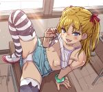  1girl blonde_hair blue_eyes blush camisole_lift censored classroom clothes_lift commentary_request fang flat_chest hair_ribbon heart heart_censor indoors lifted_by_self long_hair looking_at_viewer on_table original panties ribbon shoes sketch skirt skirt_lift smile solo striped_clothes striped_thighhighs sunlight table thighhighs two_side_up underwear uousa-ou uwabaki white_panties 