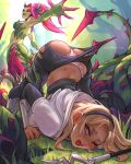  2girls ass blonde_hair chiffonfae commentary defeat english_commentary frilled_panties frills grass hairband highres league_of_legends lux_(league_of_legends) mage_staff monster_girl multiple_girls open_mouth panties plant plant_girl ponytail purple_hair staff sweat tearing_clothes thorns torn_clothes underwear vines zyra 