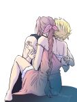  1boy 1girl absurdres aerith_gainsborough blonde_hair bra braid braided_ponytail brown_hair cloud_strife couple dress final_fantasy final_fantasy_vii final_fantasy_vii_remake foreplay highres kissing_shoulder makiron pink_dress pink_ribbon ribbon spiked_hair underwear undressing white_bra 