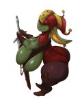 alpha_channel big_breasts big_butt big_ears breasts brown_clothing brown_footwear brown_gloves brown_handwear brown_shoes butt clothing dagger dddoodles ear_piercing female fool&#039;s_hat footwear gloves goblin green_body green_skin handwear hat headgear headwear hi_res holding_object holding_sword holding_weapon huge_breasts huge_butt humanoid humanoid_pointy_ears jester legwear leotard looking_at_viewer melee_weapon obscured_eyes piercing purple_clothing purple_legwear red_clothing red_leotard shoes simple_background solo sword transparent_background weapon