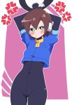  1girl absurdres aile_(mega_man_zx) arms_up black_bodysuit blush bodysuit brown_hair buzzlyears covered_navel cropped_jacket green_eyes highres mega_man_(series) mega_man_zx paid_reward_available restrained robot_ears short_hair simple_background solo 