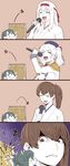  4koma :q beret brown_eyes brown_hair chimes closed_eyes comic commentary epaulettes green_hair hat headband holding holding_microphone ishii_hisao japanese_clothes kaga_(kantai_collection) kantai_collection kashima_(kantai_collection) long_hair long_sleeves mallet_(instrument) microphone multiple_girls music nhk_nodo_jiman nontraditional_miko open_mouth short_hair shoukaku_(kantai_collection) side_ponytail singing sweatdrop teeth tongue tongue_out twintails two_side_up white_hair zuikaku_(kantai_collection) 