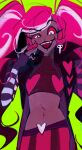  1girl ayellowbrick coat cowboy_shot crop_top demon_girl hazbin_hotel highres long_hair looking_at_viewer multicolored_hair open_clothes open_mouth pink_hair slit_pupils solo stomach streaked_hair twintails two-tone_hair velvette_(hazbin_hotel) very_long_hair white_hair 