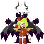  &gt;_o 1boy 1girl beret black_footwear black_necktie black_pants black_sclera black_suit boots cape chibi colored_sclera demon_boy demon_girl demon_horns demon_tail demon_wings funamusea funamusea_(artist) fur-trimmed_boots fur_trim green_hair grey_cape haiiro_teien hair_between_eyes hands_on_own_hips hat heart heart_tail horns kcalb_(haiiro_teien) messy_hair necktie official_art one_eye_closed pants promotional_art red-framed_eyewear red_footwear red_headwear red_sweater red_thighhighs semi-rimless_eyewear short_hair sidelocks simple_background single_horn smile suit sweater tail thighhighs waving white_background white_eyes white_hair wings yosafire 