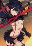  1girl black_hair black_skirt black_thighhighs blue_eyes breasts cleavage clenched_hand closed_mouth colored_inner_hair day frown highres holding holding_sword holding_weapon kill_la_kill long_hair looking_at_viewer matoi_ryuuko medium_breasts multicolored_hair optionaltypo outdoors pleated_skirt red_hair senketsu skirt sword thighhighs weapon 