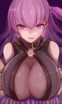  bangs bare_shoulders breasts commentary_request fate/extra fate/extra_ccc fate/grand_order fate_(series) hair_ribbon highres huge_breasts long_hair looking_at_viewer o-ring o-ring_top parted_lips passion_lip purple_eyes purple_hair purple_ribbon ribbon skin_tight smile solo upper_body yuzu_(masami) 