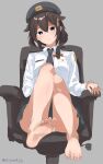  1girl barefoot black_headwear black_neckerchief black_skirt blue_eyes braid chair epaulettes grey_background hair_flaps hair_over_shoulder highres kantai_collection long_hair miron_(mirona33) neckerchief office_chair panties pantyshot pleated_skirt police police_uniform policewoman shigure_(kancolle) shigure_kai_ni_(kancolle) shirt simple_background single_braid skirt solo swivel_chair underwear uniform white_panties white_shirt 