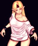  bare_shoulders black_background blonde_hair bottomless breasts collarbone contrapposto covered_nipples gengoroumaru_(ambidextrous) head_tilt horn hoshiguma_yuugi long_hair medium_breasts naked_shirt naughty_face off_shoulder oni pointy_ears red_eyes shirt smile solo standing t-shirt thighs touhou 