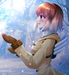  1girl :d angel_wings backpack bag bare_tree brown_hair brown_mittens coat commentary day eyelashes fake_wings from_side hairband hands_up hood hood_down kanon medium_hair mittens open_mouth outdoors profile red_eyes red_hairband smile snow snowing solo straight_hair tree tsukimiya_ayu turtleneck upper_body wings winter yellow_coat yue_(kitami_maki) 