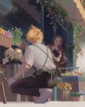  1boy 1girl aerith_gainsborough alternate_costume alternate_universe apron barrel black_pants blonde_hair blue_flower brown_hair bucket choker clipboard cloud_strife collared_shirt final_fantasy final_fantasy_vii final_fantasy_vii_remake florist flower flower_choker flower_shop full_body garden gloves green_apron green_eyes hair_ribbon highres ho_fan holding holding_bucket holding_clipboard lily_(flower) long_hair looking_at_another pants parted_bangs parted_lips pink_ribbon pink_sweater_vest ponytail purple_flower red_flower ribbon shirt shoes shop short_hair short_sleeves sidelocks smile sneakers spiked_hair squatting sunflower sweater_vest t-shirt wagon wavy_hair white_flower white_footwear white_gloves white_shirt yellow_flower 