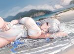  1girl aether_gazer areola_slip arm_behind_head armpits beach bird blue_eyes blue_flower blue_nails blue_rose blurry blurry_background breasts chinese_commentary cleavage closed_mouth cloud commentary_request covered_navel dress eyelashes flock floral_print flower geng_chen_(aether_gazer) grey_hair hair_ornament hand_on_own_stomach large_breasts lying on_side rose shore sky solo tsuki_no_i-min water wet wet_hair white_dress 