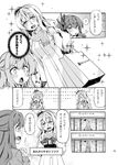  bag blush coat comic commentary_request fang gloves greyscale hair_ribbon head_tilt imu_sanjo kantai_collection long_hair mitsukoshi_(department_store) monochrome multiple_girls naganami_(kantai_collection) pola_(kantai_collection) ribbon scarf shopping_bag sliding_doors smile sparkle_background translated wavy_hair 