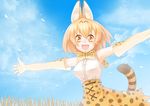  animal_ears blonde_hair blue_sky breasts cloud day detached_sleeves extra_ears inukoro_(spa) kemono_friends looking_at_viewer medium_breasts neck_ribbon open_mouth outdoors outstretched_arms ribbon serval_(kemono_friends) serval_ears serval_print serval_tail short_hair skirt sky smile solo tail yellow_eyes 