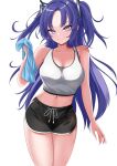  1girl absurdres black_shorts blue_archive blue_eyes breasts closed_mouth collarbone dolphin_shorts hair_ornament halo highres holding holding_towel large_breasts long_hair looking_at_viewer midriff navel nigori_(keydoor) purple_hair short_shorts shorts simple_background smile solo sportswear stomach tank_top thighs towel two_side_up very_long_hair white_background white_tank_top yuuka_(blue_archive) 