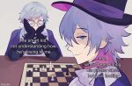  2boys artist_name bettel_2_(gavis_bettel) blue_eyes blue_hair brothers chess_piece chessboard eating_the_chess_pieces_(meme) english_commentary english_text fenori from_side gavis_bettel glasses gloves grey_hair hair_between_eyes hat heterochromia highres holostars holostars_english looking_at_viewer male_focus meme multicolored_hair multiple_boys pale_skin pink_eyes pink_hair scarf short_hair siblings sitting sketch smug top_hat twins upper_body virtual_youtuber white_scarf 