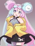  1girl bare_shoulders blue_hair bow-shaped_hair breasts character_hair_ornament grey_pantyhose hair_ornament hexagon_print highres iono_(pokemon) jacket kutabireta_neko light_blue_hair long_hair low-tied_long_hair magnemite multicolored_hair oversized_clothes pantyhose pink_hair pokemon pokemon_sv sharp_teeth single_leg_pantyhose sleeves_past_fingers sleeves_past_wrists solo split-color_hair teeth two-tone_hair very_long_hair very_long_sleeves x yellow_jacket 