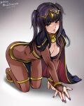  1girl artist_name black_hair blunt_bangs bodystocking breasts bridal_gauntlets circlet cleavage fire_emblem fire_emblem_awakening fire_emblem_heroes gradient_background mina_cream purple_nails solo tharja_(fire_emblem) tiara two_side_up 