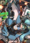  bangs black_hair blue_bodysuit blue_eyes blue_footwear bodysuit boots breasts cable cockpit commentary_request drawing_tablet elbow_gloves full_body gloves hair_ornament hair_tie hatsune_miku helmet highres holding holding_stylus holographic_interface holographic_touchscreen knee_pads long_hair looking_back mecha medium_breasts nose open_mouth original perspective pilot pilot_suit science_fiction sitting solo somehira_katsu stylus twintails vocaloid 