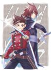  2boys brown_eyes brown_hair dual_wielding gloves grin highres holding jacket kratos_aurion lloyd_irving looking_at_viewer multiple_boys purple_clothing purple_gloves red_gloves red_jacket simple_background smile spiked_hair sword tales_of_(series) tales_of_symphonia thick_eyebrows tktg weapon wide-eyed 