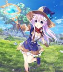  blush breasts cleavage day dogoo fantasy four_goddesses_online:_cyber_dimension_neptune gloves grass hair_ornament hat highres long_hair magic medium_breasts nepgear neptune_(series) purple_eyes purple_hair sky solo staff tree tsunako witch_hat 