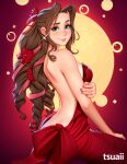  aerith_gainsborough aerith_gainsborough_(red_dress) artist_name backless_dress backless_outfit bare_arms bare_shoulders bow breasts brown_hair closed_mouth curly_hair dress dress_bow earrings final_fantasy final_fantasy_vii final_fantasy_vii_remake flamenco_dress flower gold_earrings green_eyes hair_flower hair_ornament hair_ribbon hand_on_own_arm highres jewelry light_blush long_dress long_hair looking_at_viewer medium_breasts official_alternate_costume parted_bangs ponytail red_background red_bow red_dress red_flower red_ribbon ribbon ringlets sidelocks smile star_(symbol) star_earrings strapless strapless_dress tsuaii 