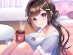  1girl absurdres bed bedroom blue_shirt blush breasts brown_hair cleavage closed_mouth coffee coffee_cup collarbone cup curtains disposable_cup hair_ornament hairclip highres indoors knees_up koyama_sao large_breasts long_hair looking_at_viewer non-web_source original purple_eyes rug shirt sidelocks sitting smile solo table wooden_floor x_hair_ornament 